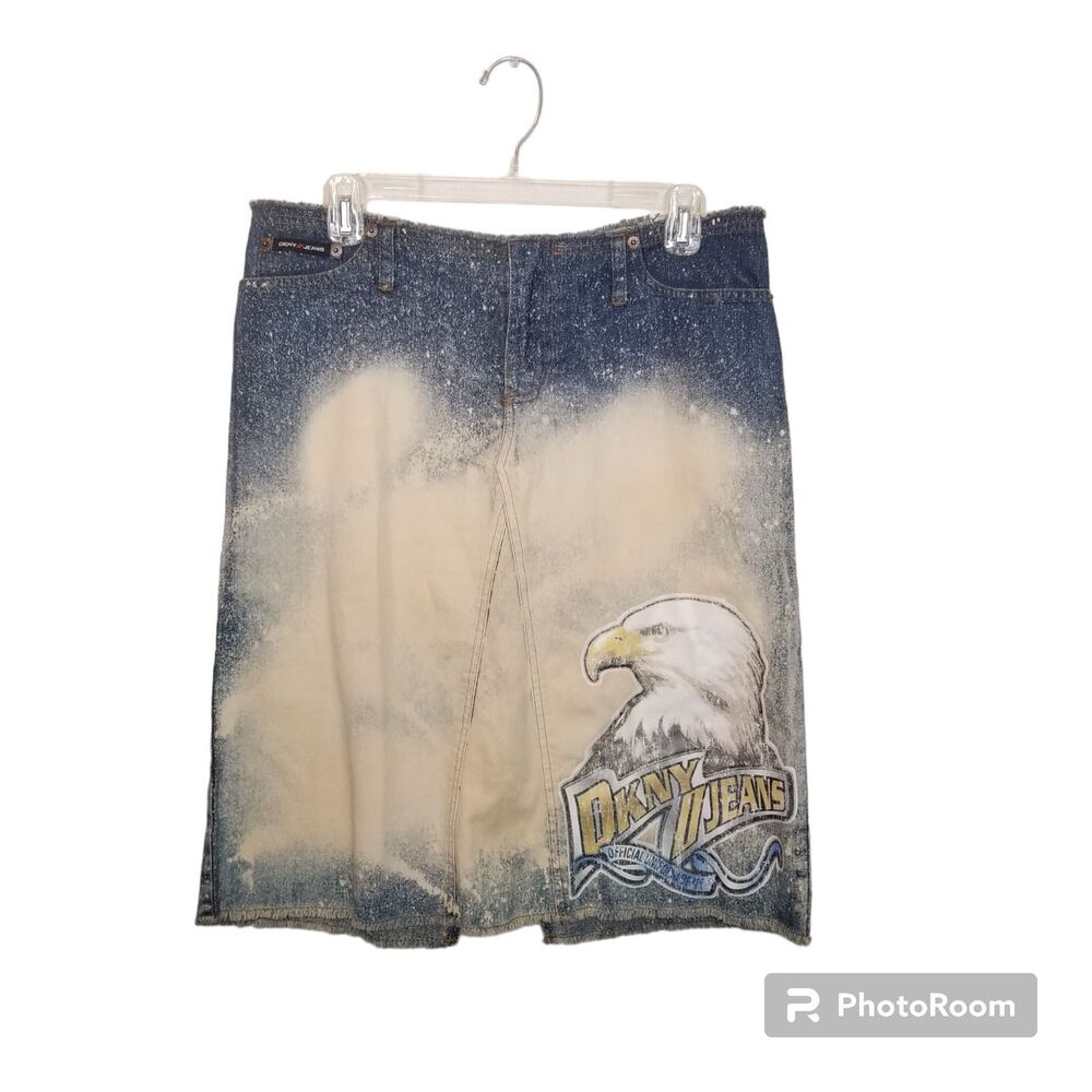 Vintage DKNY Jeans Denim Skirt Womens Sz 9 Eagle Splatter Print Raw Edges 90s